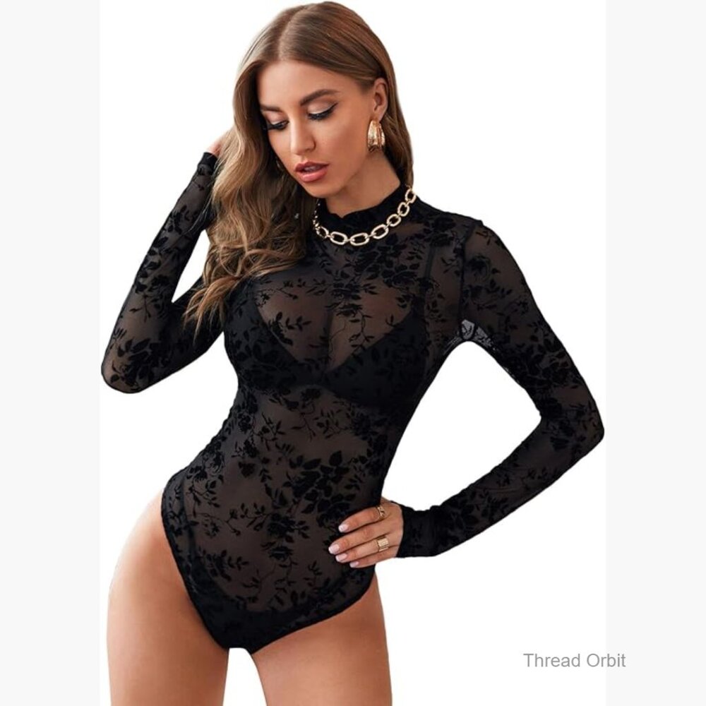 Mock Neck Long Sleeve Mesh Bodysuit Leotard Sheer Stretch Bodycon
